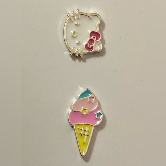 Hello kitty ice cream cone theme silver plated dainty earrings 2 pairs new - Picture 7 of 11